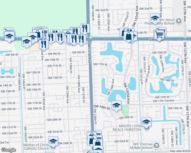map of restaurants, bars, coffee shops, grocery stores, and more near 1304 Southwest 136th Place in Miami