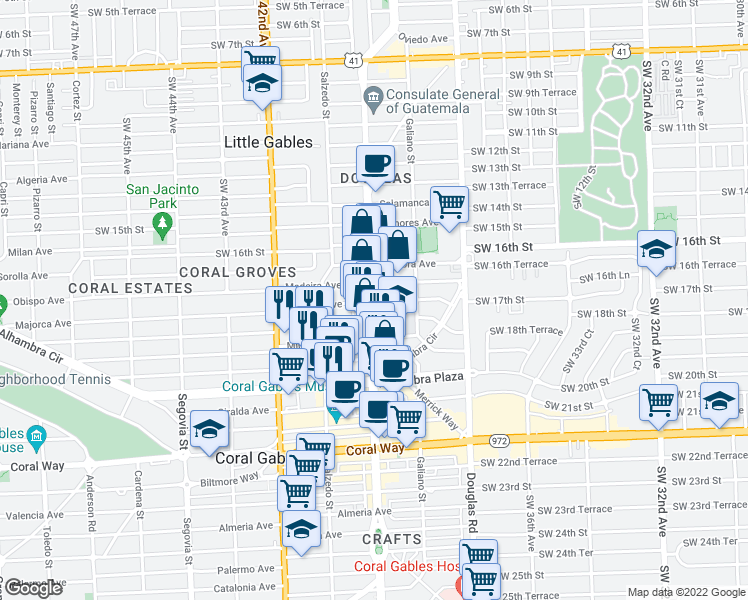 map of restaurants, bars, coffee shops, grocery stores, and more near 1831 Ponce de Leon Boulevard in Coral Gables