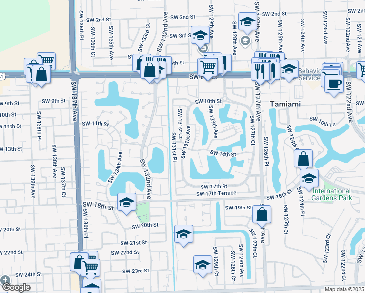 map of restaurants, bars, coffee shops, grocery stores, and more near 13101 Southwest 14th Street in Miami