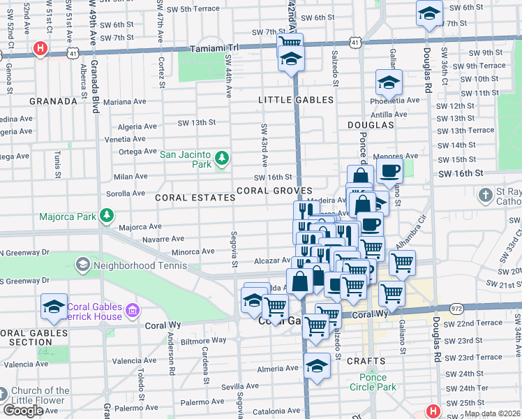 map of restaurants, bars, coffee shops, grocery stores, and more near 451 Majorca Avenue in Coral Gables