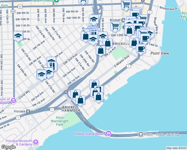 map of restaurants, bars, coffee shops, grocery stores, and more near 26 Southwest 20th Road in Miami