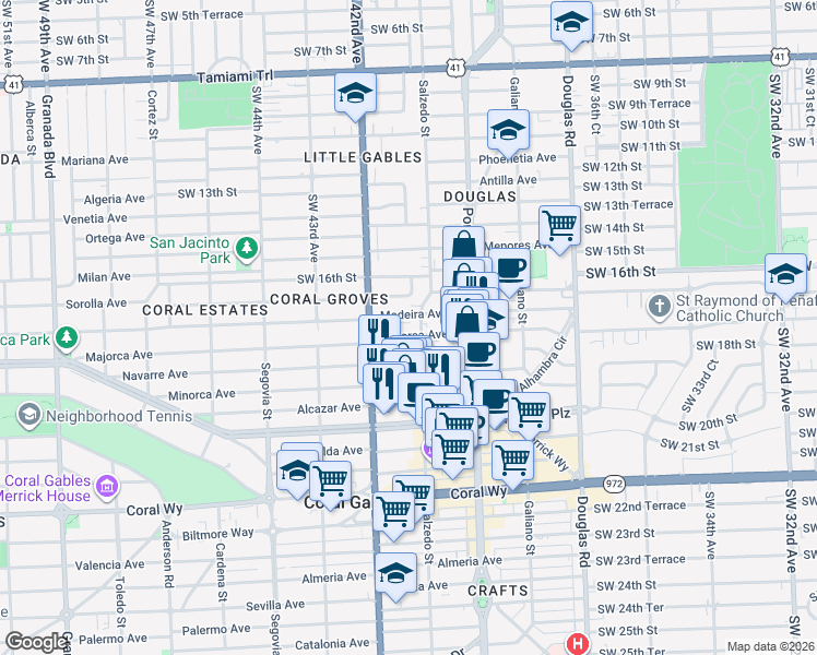 map of restaurants, bars, coffee shops, grocery stores, and more near 328 Majorca Avenue in Coral Gables
