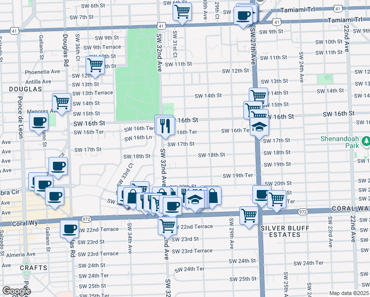 map of restaurants, bars, coffee shops, grocery stores, and more near 1710 Southwest 31st Avenue in Miami