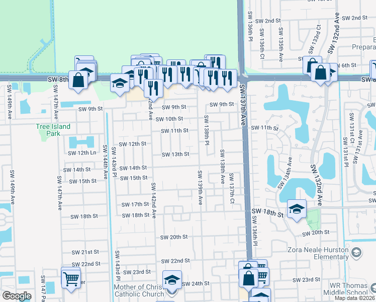 map of restaurants, bars, coffee shops, grocery stores, and more near 13941 Southwest 13th Street in Miami