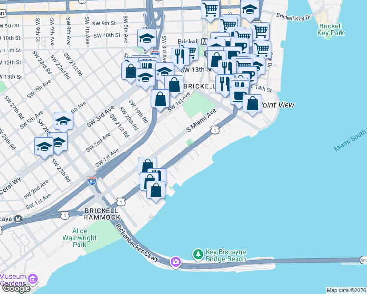 map of restaurants, bars, coffee shops, grocery stores, and more near 1880 Brickell Avenue in Miami