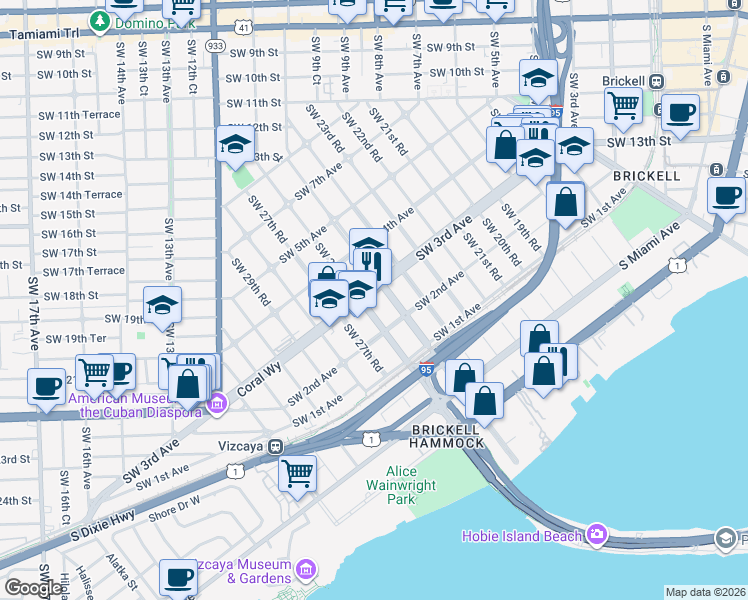 map of restaurants, bars, coffee shops, grocery stores, and more near 2625 Southwest 3rd Avenue in Miami