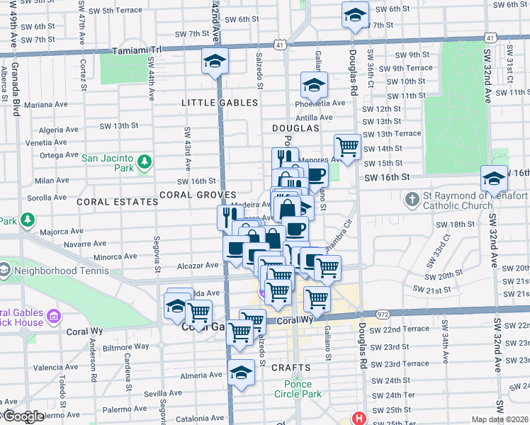 map of restaurants, bars, coffee shops, grocery stores, and more near 238 Majorca Avenue in Coral Gables