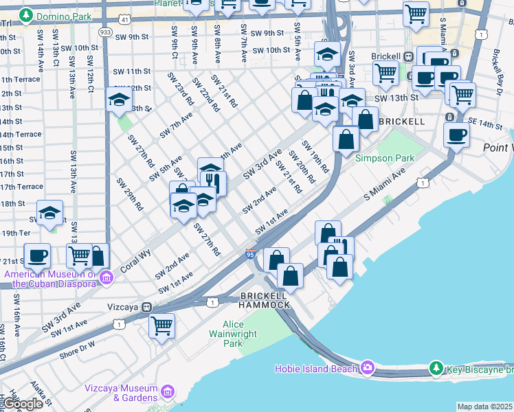 map of restaurants, bars, coffee shops, grocery stores, and more near in Miami