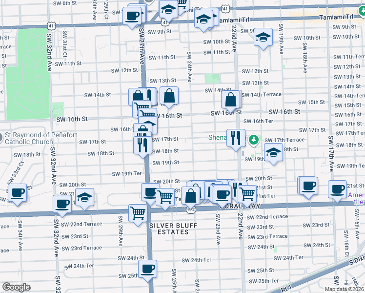 map of restaurants, bars, coffee shops, grocery stores, and more near 2430 Southwest 18th Street in Miami