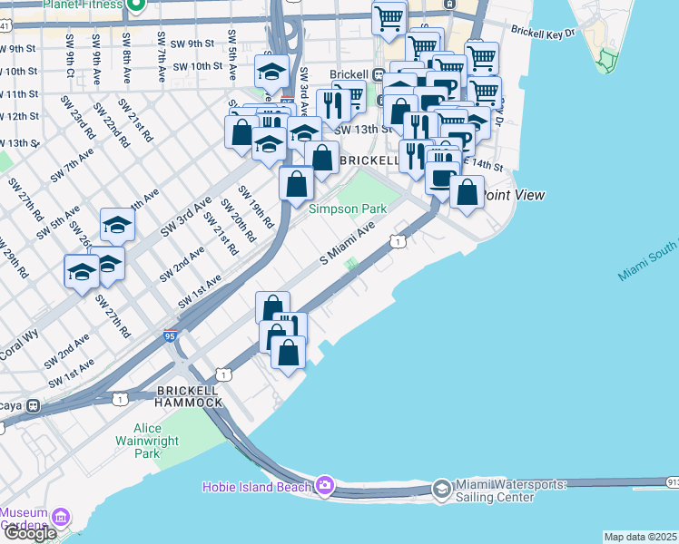 map of restaurants, bars, coffee shops, grocery stores, and more near 1880 Brickell Avenue in Miami