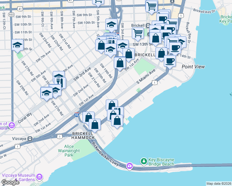 map of restaurants, bars, coffee shops, grocery stores, and more near 26 Southwest 20th Road in Miami