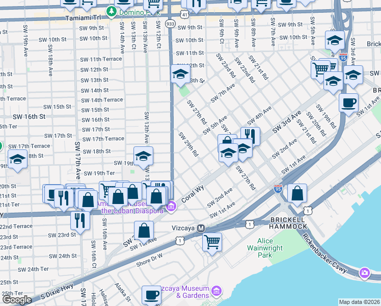 map of restaurants, bars, coffee shops, grocery stores, and more near 418 Southwest 29th Road in Miami