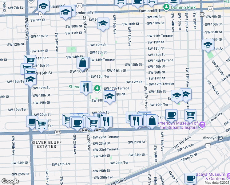 map of restaurants, bars, coffee shops, grocery stores, and more near 1801 Southwest 19th Avenue in Miami