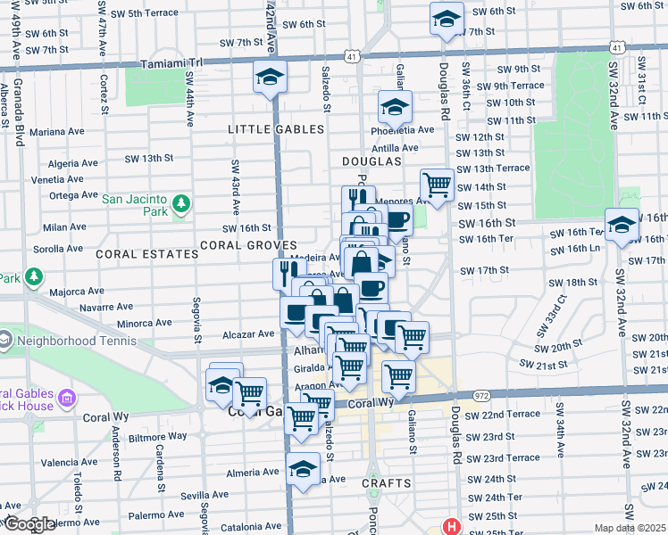 map of restaurants, bars, coffee shops, grocery stores, and more near 238 Majorca Avenue in Coral Gables