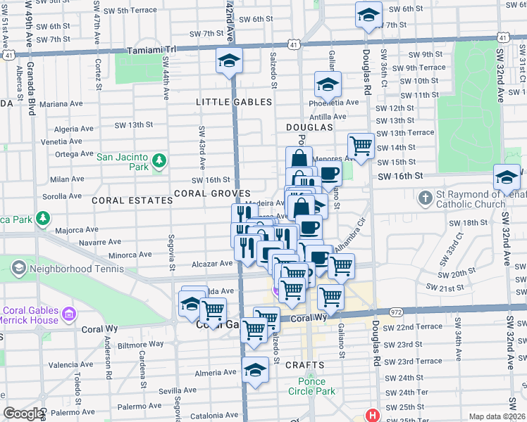 map of restaurants, bars, coffee shops, grocery stores, and more near 328 Majorca Avenue in Coral Gables