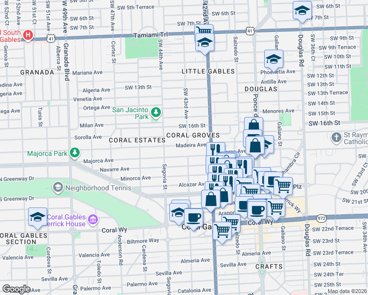 map of restaurants, bars, coffee shops, grocery stores, and more near 451 Majorca Avenue in Coral Gables