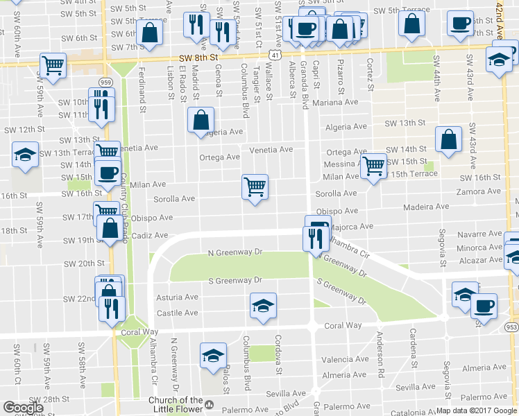 map of restaurants, bars, coffee shops, grocery stores, and more near 1132 Obispo Avenue in Coral Gables