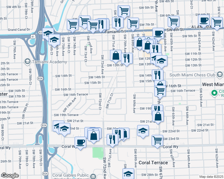 map of restaurants, bars, coffee shops, grocery stores, and more near 7115 Southwest 16th Terrace in Miami