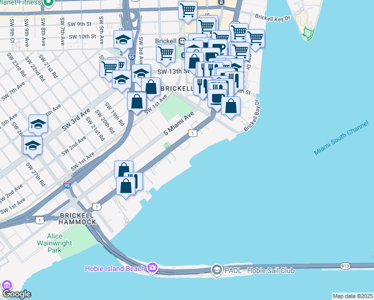 map of restaurants, bars, coffee shops, grocery stores, and more near 1643 Brickell Avenue in Miami