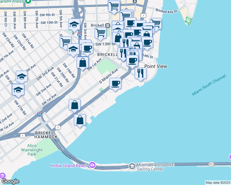 map of restaurants, bars, coffee shops, grocery stores, and more near 1701 Brickell Avenue in Miami