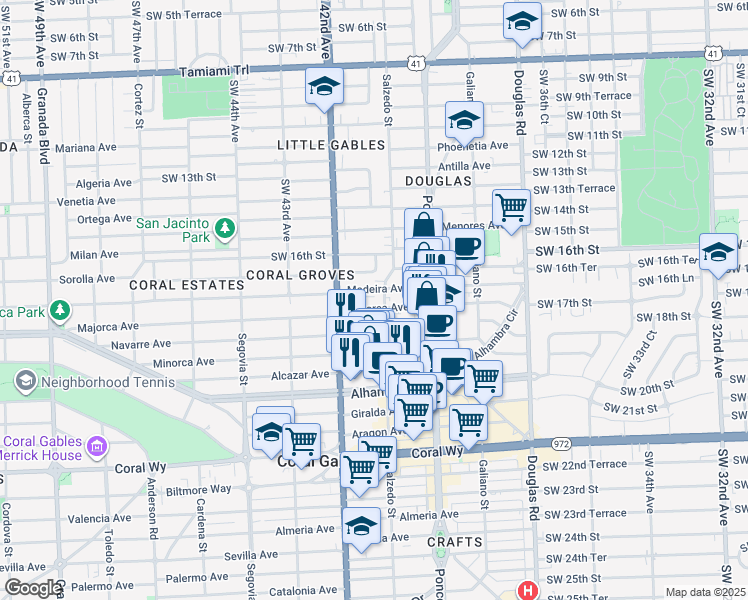 map of restaurants, bars, coffee shops, grocery stores, and more near 307 Majorca Avenue in Coral Gables