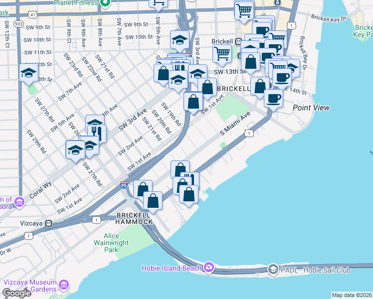 map of restaurants, bars, coffee shops, grocery stores, and more near 26 Southwest 20th Road in Miami