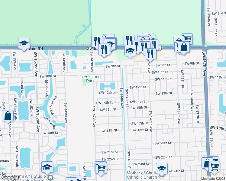 map of restaurants, bars, coffee shops, grocery stores, and more near 14450 Southwest 12th Lane in Miami