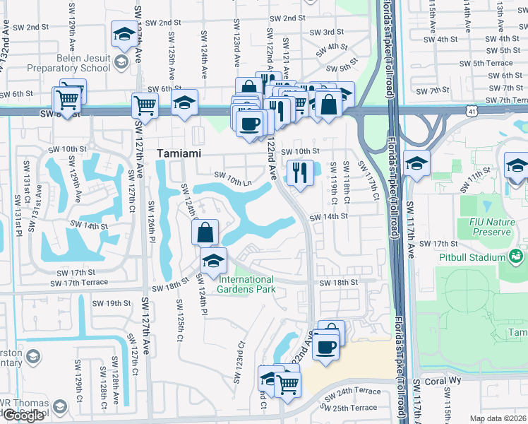 map of restaurants, bars, coffee shops, grocery stores, and more near 1350 Southwest 122nd Avenue in Miami