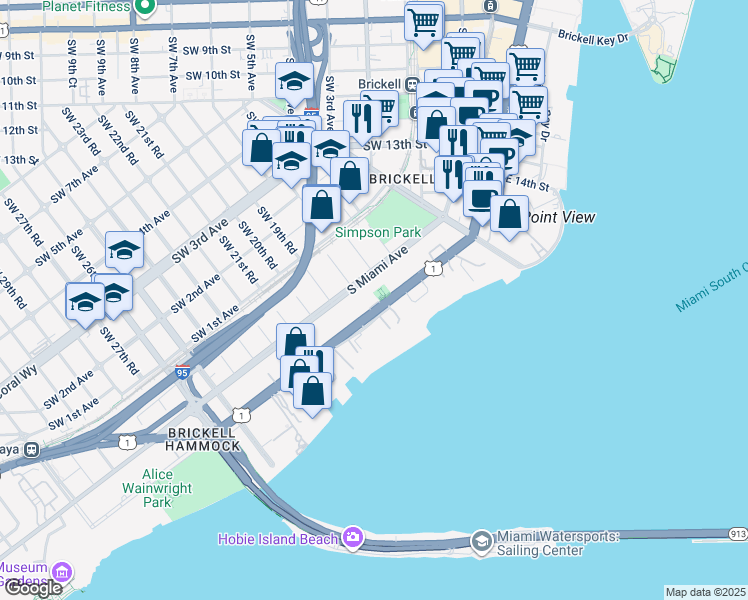 map of restaurants, bars, coffee shops, grocery stores, and more near 1880 Brickell Avenue in Miami