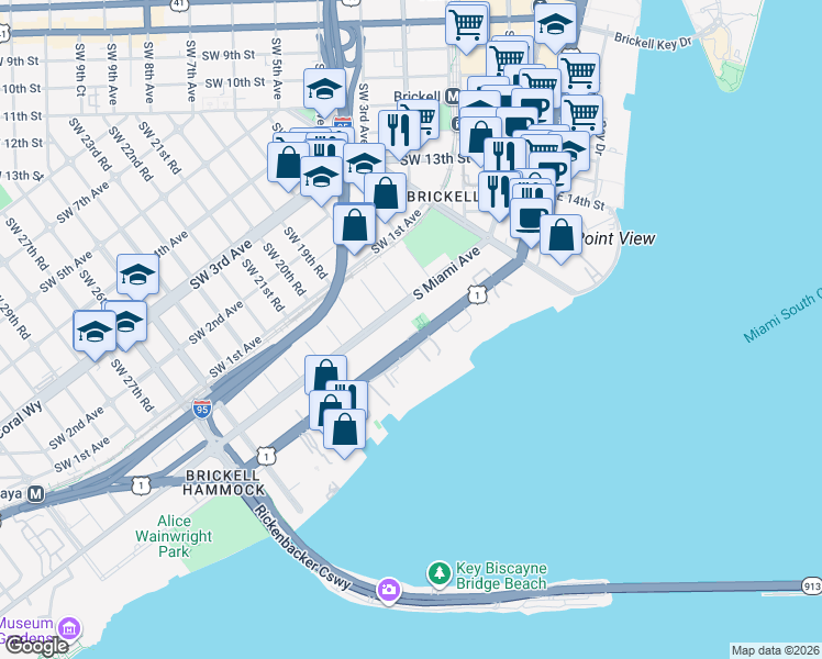 map of restaurants, bars, coffee shops, grocery stores, and more near 1880 Brickell Avenue in Miami