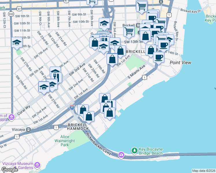 map of restaurants, bars, coffee shops, grocery stores, and more near 26 Southwest 20th Road in Miami