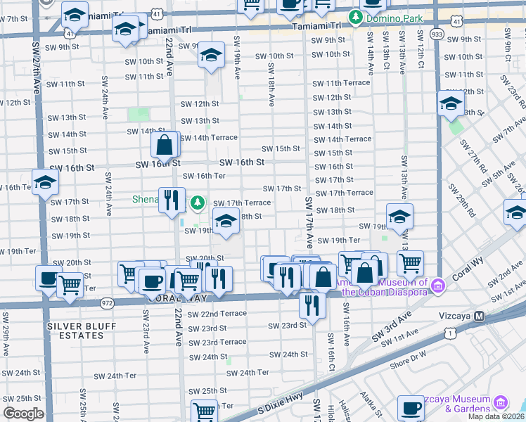 map of restaurants, bars, coffee shops, grocery stores, and more near 1810 Southwest 18th Street in Miami