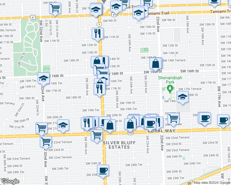 map of restaurants, bars, coffee shops, grocery stores, and more near 2500 Southwest 18th Street in Miami