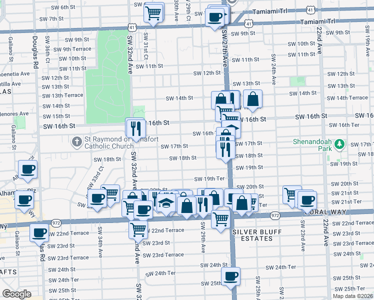 map of restaurants, bars, coffee shops, grocery stores, and more near 2985 Southwest 18th Street in Miami