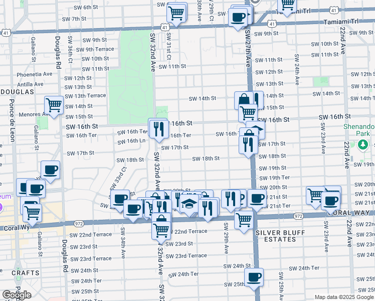 map of restaurants, bars, coffee shops, grocery stores, and more near 3075 Southwest 18th Street in Miami