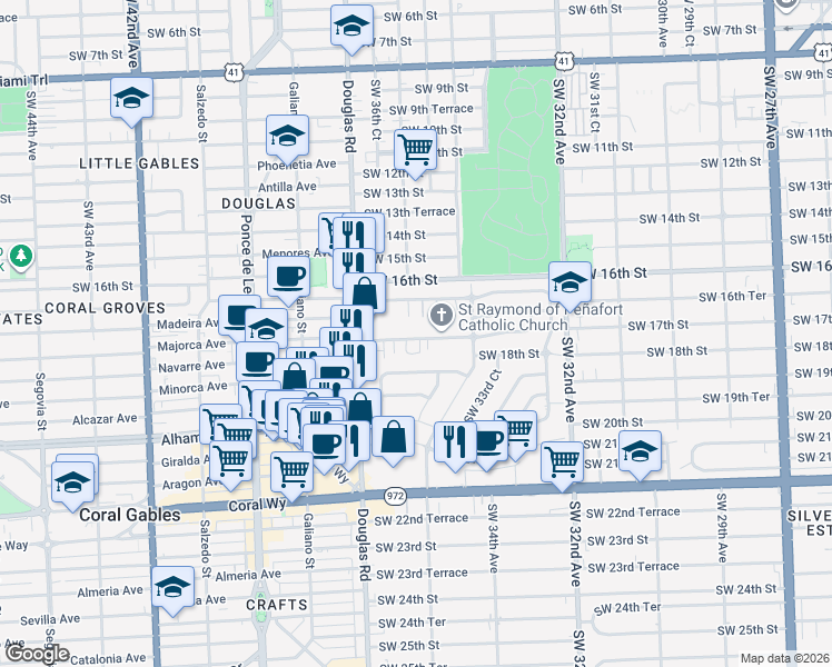 map of restaurants, bars, coffee shops, grocery stores, and more near 1720 Southwest 36th Avenue in Miami