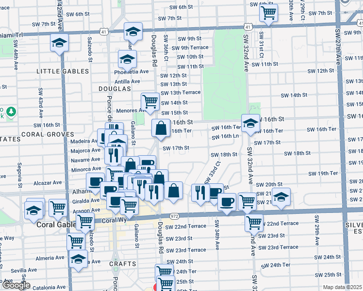 map of restaurants, bars, coffee shops, grocery stores, and more near 1720 Southwest 36th Avenue in Miami