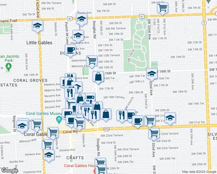map of restaurants, bars, coffee shops, grocery stores, and more near 1720 Southwest 36th Avenue in Miami