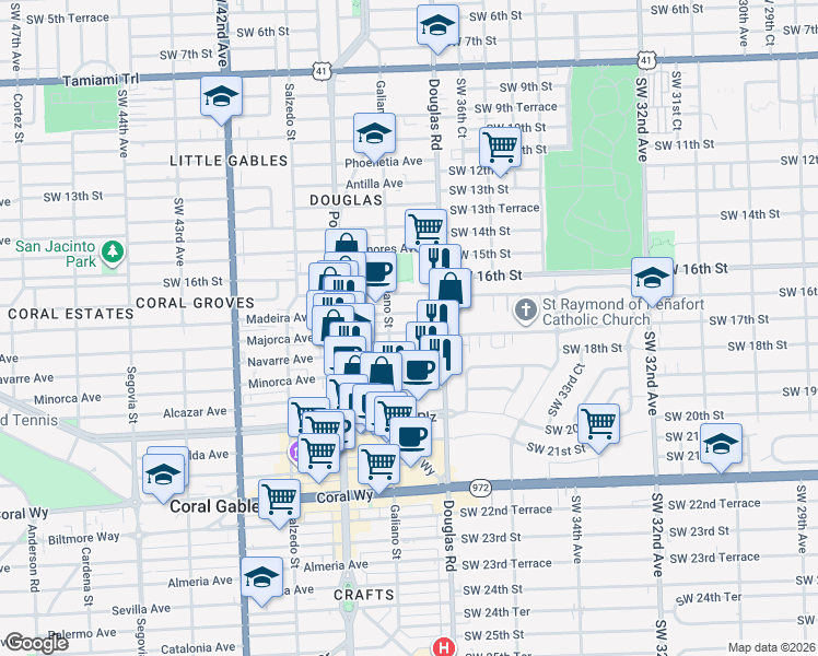 map of restaurants, bars, coffee shops, grocery stores, and more near 28 Majorca Avenue in Coral Gables