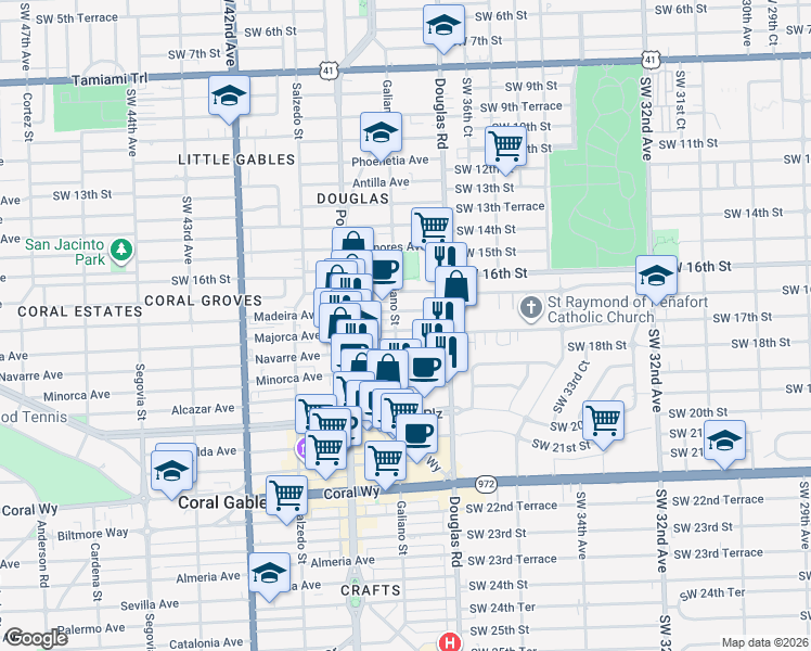 map of restaurants, bars, coffee shops, grocery stores, and more near 28 Majorca Avenue in Coral Gables