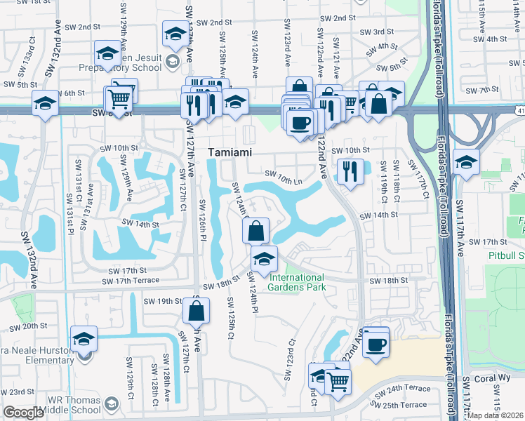 map of restaurants, bars, coffee shops, grocery stores, and more near 1431 Southwest 124th Court in Miami