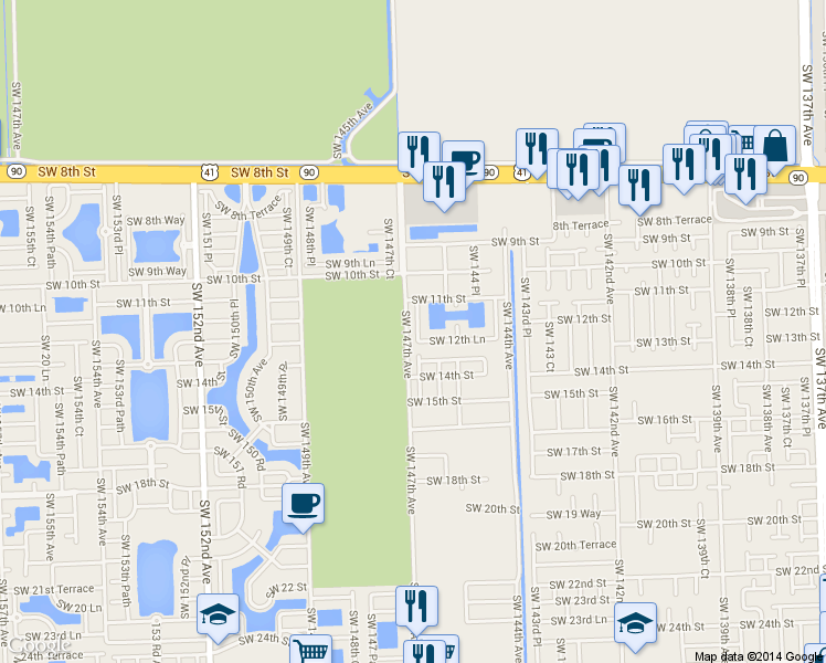 map of restaurants, bars, coffee shops, grocery stores, and more near 1286 Southwest 146th Court in Miami