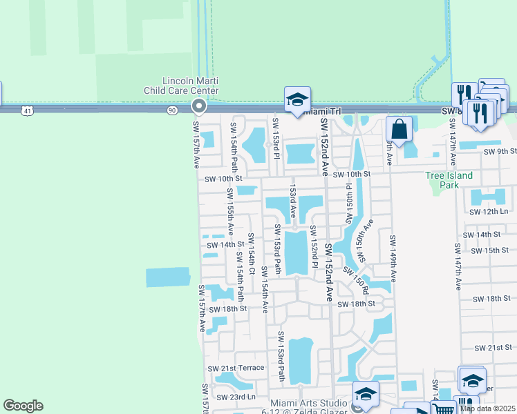 map of restaurants, bars, coffee shops, grocery stores, and more near 1236 Southwest 154th Avenue in Miami