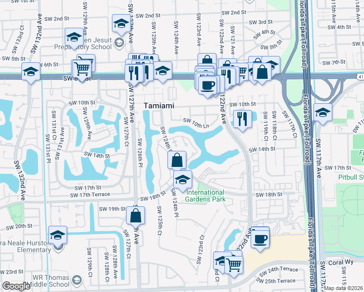 map of restaurants, bars, coffee shops, grocery stores, and more near 1431 Southwest 124th Court in Miami