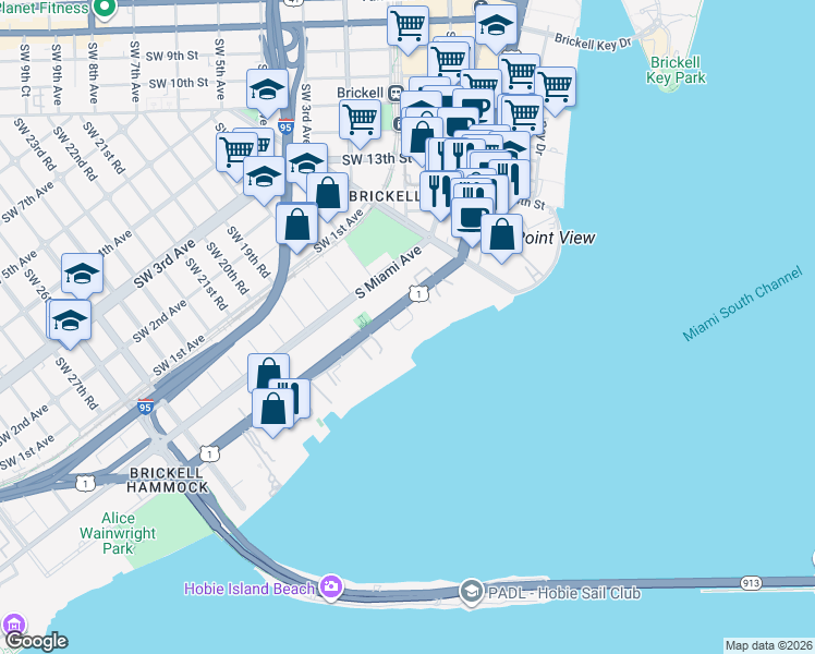 map of restaurants, bars, coffee shops, grocery stores, and more near 1643 Brickell Avenue in Miami