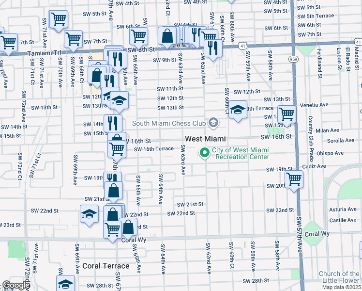 map of restaurants, bars, coffee shops, grocery stores, and more near 6310 Southwest 16th Terrace in Miami
