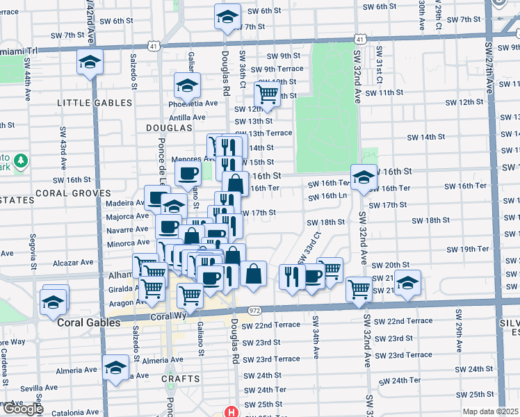 map of restaurants, bars, coffee shops, grocery stores, and more near 1720 Southwest 36th Avenue in Miami