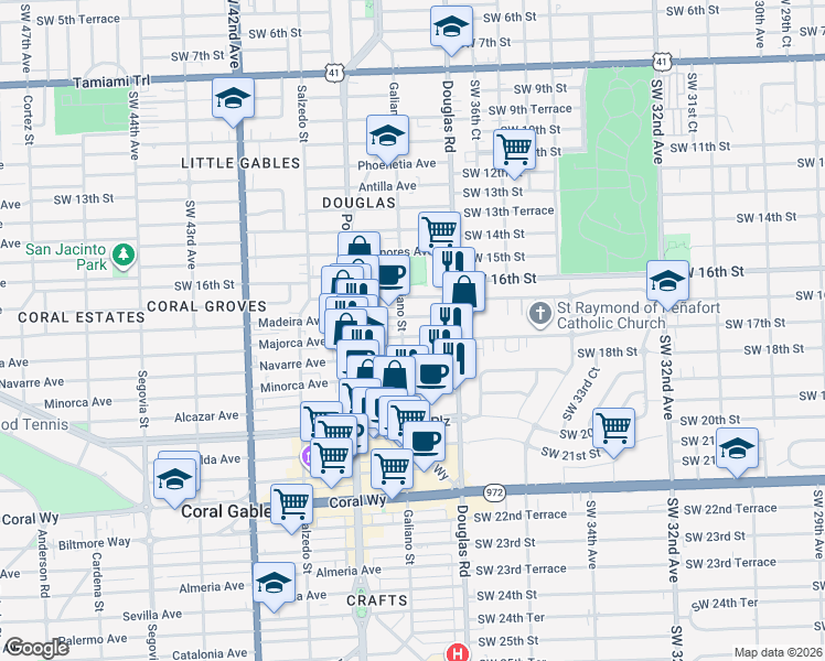 map of restaurants, bars, coffee shops, grocery stores, and more near 28 Majorca Avenue in Coral Gables