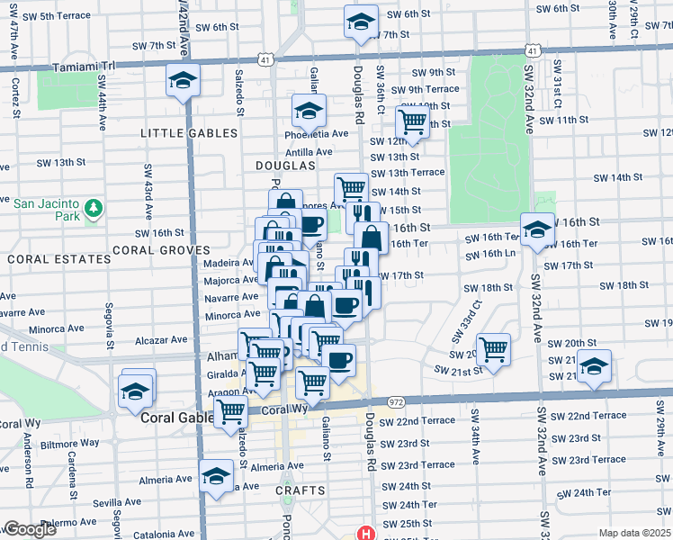 map of restaurants, bars, coffee shops, grocery stores, and more near 37 Majorca Avenue in Coral Gables