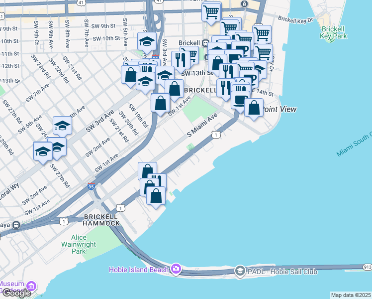 map of restaurants, bars, coffee shops, grocery stores, and more near 1824 Brickell Avenue in Miami